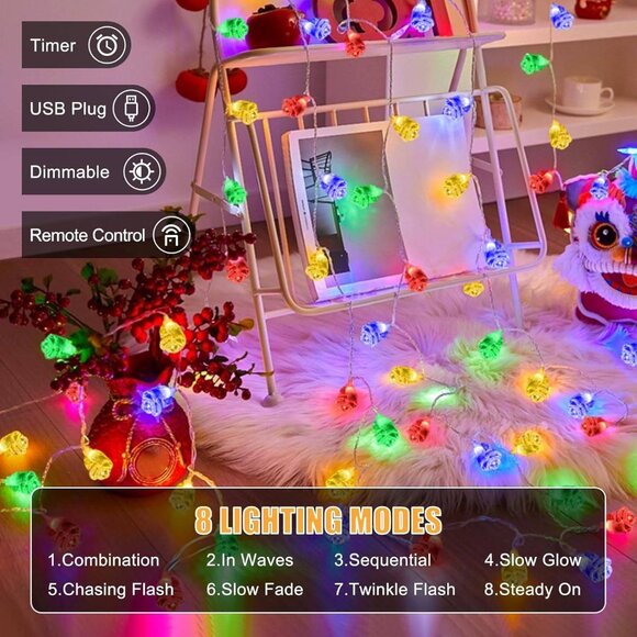 Rose Flower LED String Lights - 33Ft, 80 Multicolor LEDs, Dimmable, Timer, USB - Picture 2 of 8